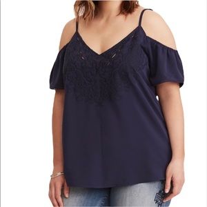 Torrid Blue Dye Cut Embroidered Cold Shoulder Top